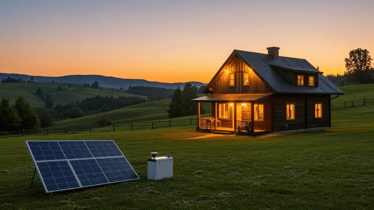Off-grid solar installation with inverter and battery equipment